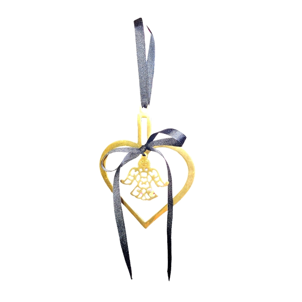 Vintage Brass Heart With Center Angel & Black Ribbon Christmas Ornament 6"X4.5"